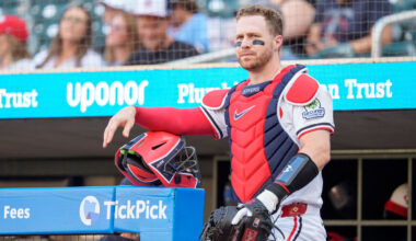 Aug 9, 2025; Minneapolis, Minnesota, USA; Minnesota Twins catcher Ryan Jeffers (27) prepares for the game between the Minnesota Twins and Kansas City Royals at Target Field. Mandatory Credit: Matt Blewett-Imagn Images