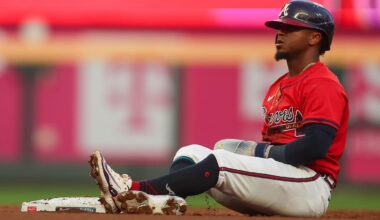 Sep 5, 2025; Atlanta, Georgia, USA; Atlanta Braves second baseman Ozzie Albies (1) reacts after stealing second base against the Seattle Mariners in the first inning at Truist Park.