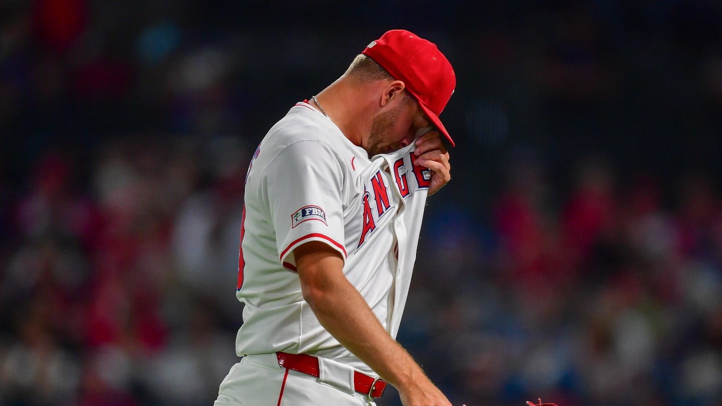 Jul 30, 2025; Anaheim, California, USA; Los Angeles Angels pitcher Reid Detmers (48) walks to the dugout after being relieved against the Texas Rangers during the eighth inning at Angel Stadium. Mandatory Credit: Gary A. Vasquez-Imagn Images