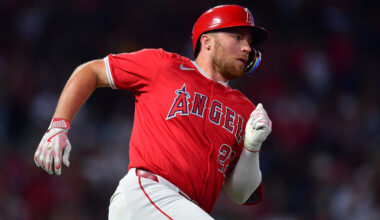 August 16, 2024; Anaheim, California, USA; Los Angeles Angels second base Brandon Drury (23) runs after hitting a double against the Atlanta Braves during the fourth inning at Angel Stadium. Mandatory Credit: Gary A. Vasquez-Imagn Images