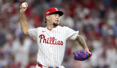 Oct 6, 2025; Philadelphia, Pennsylvania, USA; Philadelphia Phillies pitcher Orion Kerkering (50) throws a pitch against the Los Angeles Dodgers in the seventh inning during game two of the NLDS round for the 2025 MLB playoffs at Citizens Bank Park. Mandatory Credit: Bill Streicher-Imagn Images