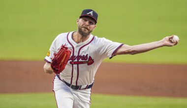 Sep 10, 2025; Cumberland, Georgia, USA; Atlanta Braves starting pitcher Chris Sale (51) pitches against the Chicago Cubs during the first inning at Truist Park. Mandatory Credit: Dale Zanine-Imagn Images