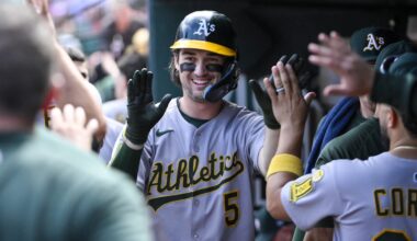 Sep 1, 2025; St. Louis, Missouri, USA;  Athletics shortstop Jacob Wilson (5) is congratulated by teammates after scoring against the St. Louis Cardinals during the seventh inning at Busch Stadium. Mandatory Credit: Jeff Curry-Imagn Images