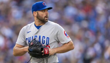 Aug 12, 2023; Toronto, Ontario, CAN; Chicago Cubs relief pitcher Michael Fulmer (32) looks on against the Toronto Blue Jays during the sixth inning at Rogers Centre. Mandatory Credit: Kevin Sousa-Imagn Images