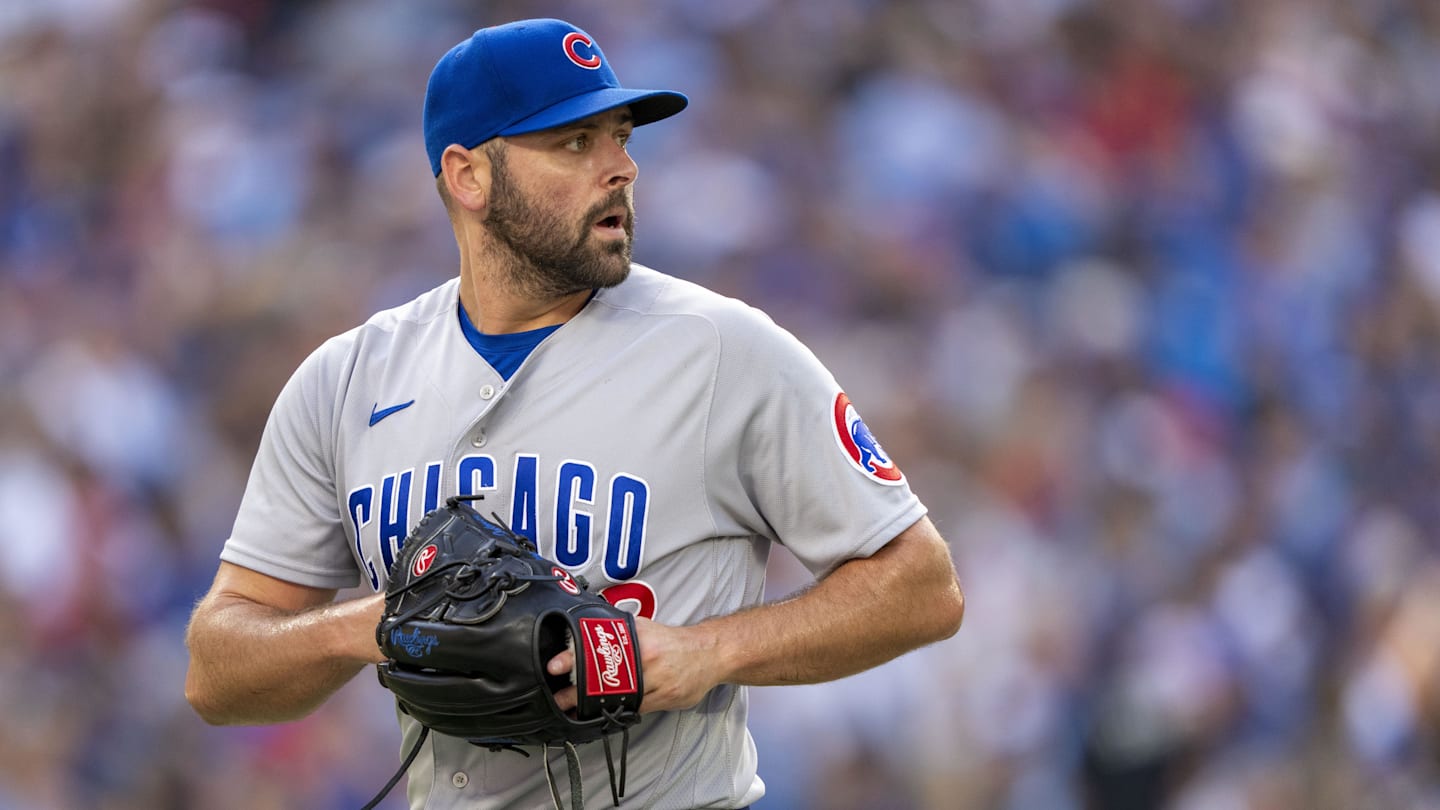 Aug 12, 2023; Toronto, Ontario, CAN; Chicago Cubs relief pitcher Michael Fulmer (32) looks on against the Toronto Blue Jays during the sixth inning at Rogers Centre. Mandatory Credit: Kevin Sousa-Imagn Images
