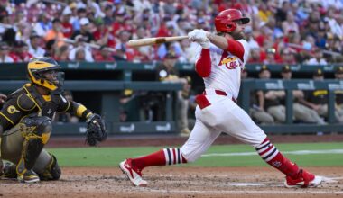 Jul 24, 2025; St. Louis, Missouri, USA;  St. Louis Cardinals second baseman Brendan Donovan (33) hits a three run home run against the San Diego Padres during the second inning at Busch Stadium. Mandatory Credit: Jeff Curry-Imagn Images