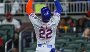 Aug 22, 2025; Cumberland, Georgia, USA; New York Mets outfielder Juan Soto (22) celebrates a home run hit against the Atlanta Braves during the seventh inning at Truist Park. Mandatory Credit: Jordan Godfree-Imagn Images