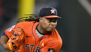 Sep 7, 2025; Arlington, Texas, USA; Houston Astros starting pitcher Framber Valdez (59) pitches against the Texas Rangers during the first inning at Globe Life Field. Mandatory Credit: Jerome Miron-Imagn Images