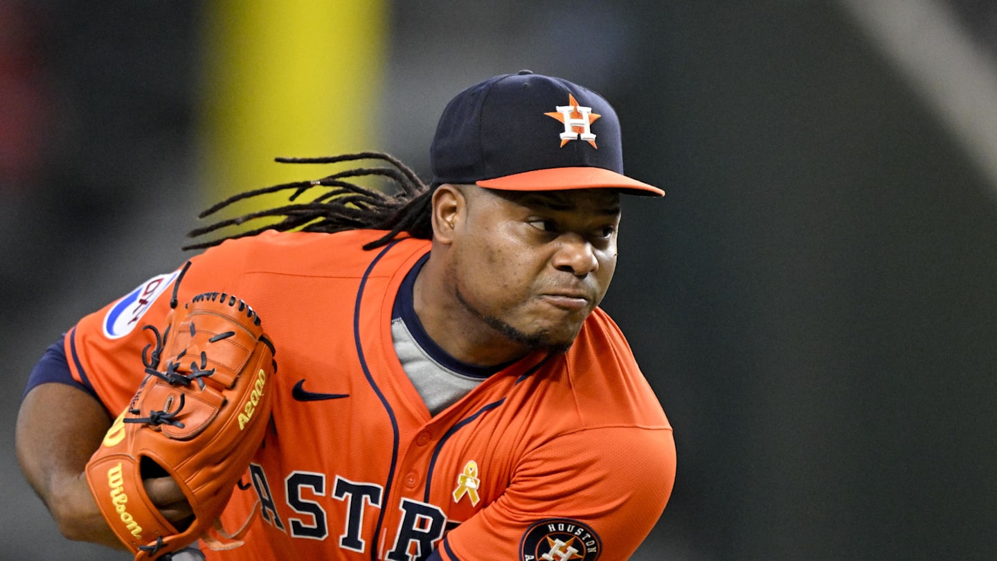 Sep 7, 2025; Arlington, Texas, USA; Houston Astros starting pitcher Framber Valdez (59) pitches against the Texas Rangers during the first inning at Globe Life Field. Mandatory Credit: Jerome Miron-Imagn Images