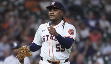 Aug 27, 2025; Houston, Texas, USA; Houston Astros starting pitcher Framber Valdez (59) reacts after a double play during the sixth inning against the Colorado Rockies at Daikin Park. Mandatory Credit: Troy Taormina-Imagn Images