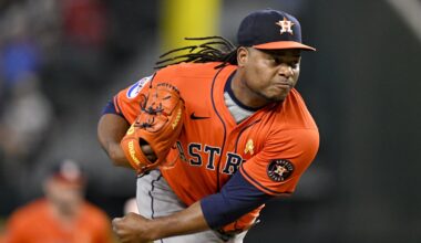 Sep 7, 2025; Arlington, Texas, USA; Houston Astros starting pitcher Framber Valdez (59) pitches against the Texas Rangers during the first inning at Globe Life Field. Mandatory Credit: Jerome Miron-Imagn Images