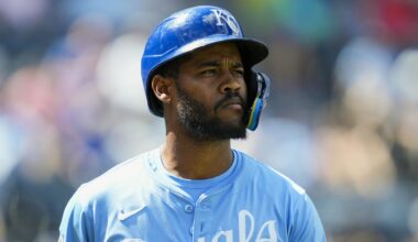 Aug 21, 2025; Kansas City, Missouri, USA; Kansas City Royals third baseman Maikel Garcia (11) reacts during the sixth inning against the Texas Rangers at Kauffman Stadium. Mandatory Credit: Jay Biggerstaff-Imagn Images