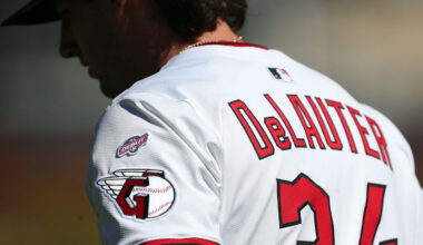 Cleveland Guardians center fielder Chase DeLauter’s MLB debut patch is seen on his shoulder as he warms up before Game 2 of the American League wild card series at Progressive Field, Oct. 1, 2025, in Cleveland, Ohio.