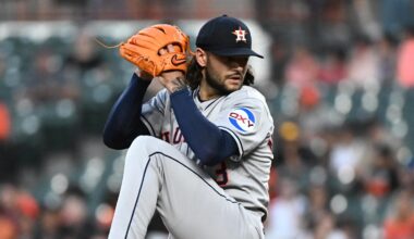 Aug 22, 2025; Baltimore, Maryland, USA;  Houston Astros pitcher Lance McCullers Jr. (43) delivers a pitch during the second inning against the Baltimore Orioles at Oriole Park at Camden Yards. Mandatory Credit: James A. Pittman-Imagn Images