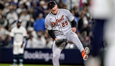 Tigers pitcher Tarik Skubal celebrates striking out Mariners catcher Cal Raleigh I the sixth inning of ALDS Game 5 at T-Mobile Park in Seattle on Friday, Oct. 10, 2025