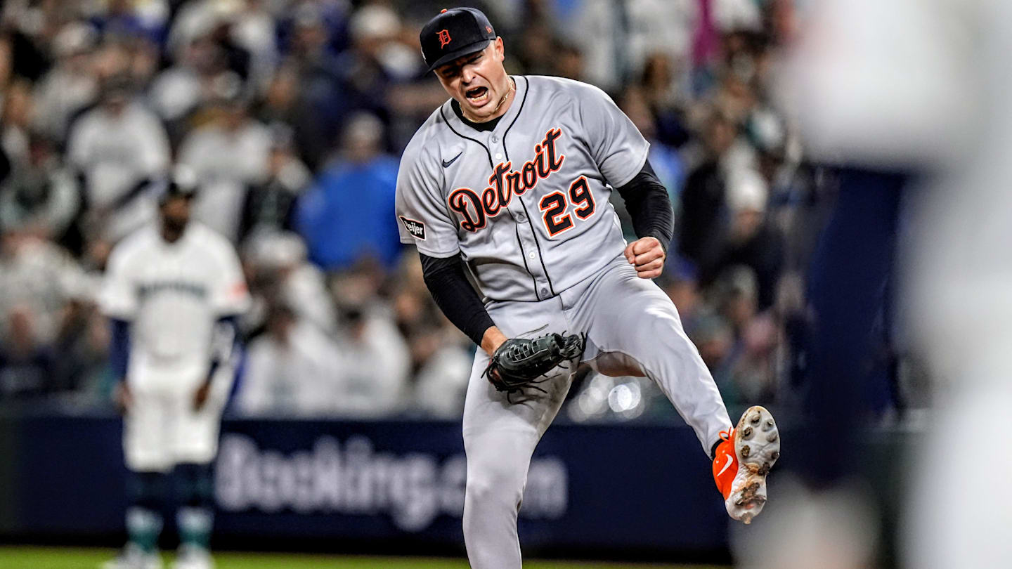 Tigers pitcher Tarik Skubal celebrates striking out Mariners catcher Cal Raleigh I the sixth inning of ALDS Game 5 at T-Mobile Park in Seattle on Friday, Oct. 10, 2025