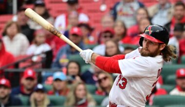 May 4, 2025; St. Louis, Missouri, USA; St. Louis Cardinals second baseman Brendan Donovan (33) at bat against the New York Mets at Busch Stadium. Mandatory Credit: Tim Vizer-Imagn Images