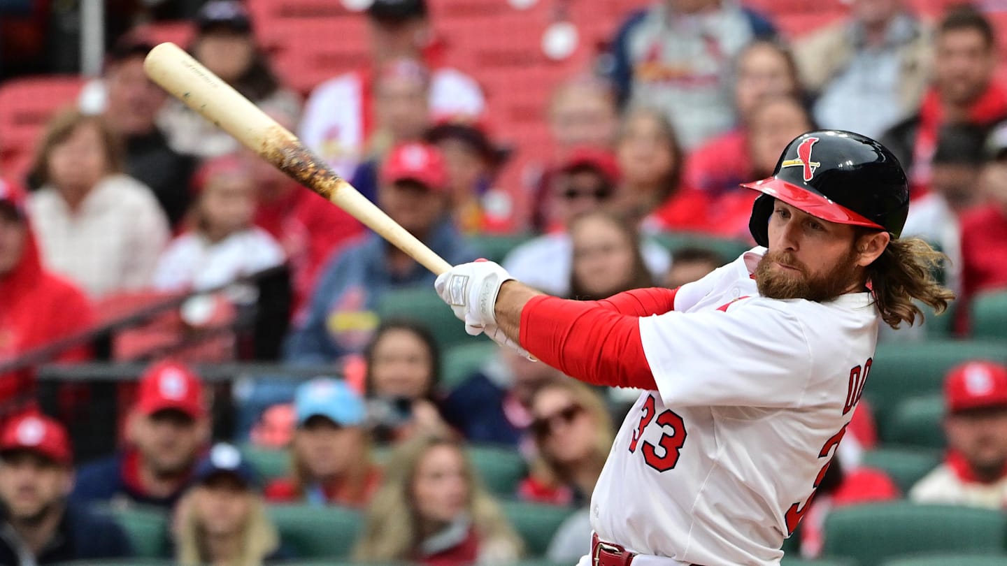 May 4, 2025; St. Louis, Missouri, USA; St. Louis Cardinals second baseman Brendan Donovan (33) at bat against the New York Mets at Busch Stadium. Mandatory Credit: Tim Vizer-Imagn Images