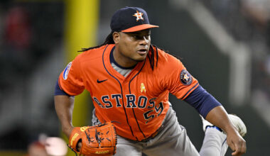 Sep 7, 2025; Arlington, Texas, USA; Houston Astros starting pitcher Framber Valdez (59) pitches against the Texas Rangers during the first inning at Globe Life Field. Mandatory Credit: Jerome Miron-Imagn Images