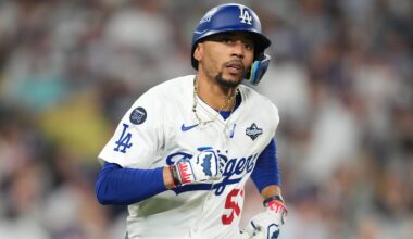 Oct 28, 2025; Los Angeles, California, USA; Los Angeles Dodgers shortstop Mookie Betts (50) runs after hitting a single against the Toronto Blue Jays in the eighth inning during game four of the 2025 MLB World Series at Dodger Stadium. Mandatory Credit: Kirby Lee-Imagn Images