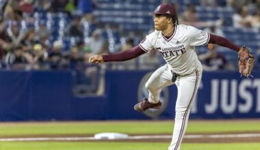Mississippi State Bulldogs pitcher Jurrangelo Cijntje (50) pitches against the Vanderbilt Commodores.