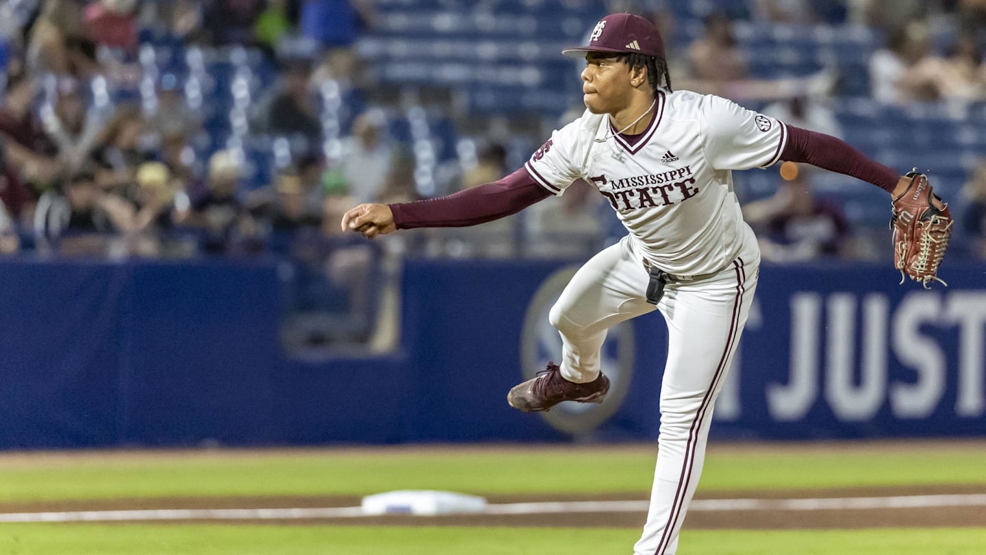 Mississippi State Bulldogs pitcher Jurrangelo Cijntje (50) pitches against the Vanderbilt Commodores.