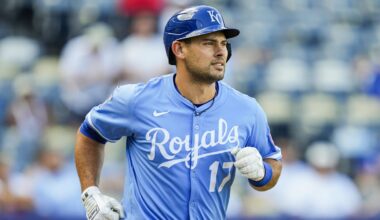 Aug 21, 2025; Kansas City, Missouri, USA; Kansas City Royals catcher Luke Maile (17) runs toward first base during the seventh inning against the Texas Rangers at Kauffman Stadium. Mandatory Credit: Jay Biggerstaff-Imagn Images