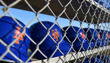 Feb 17, 2017; Port St. Lucie, FL, USA; A general view of New York Mets batting helmets at Tradition Field. Mandatory Credit: Jasen Vinlove-Imagn Images