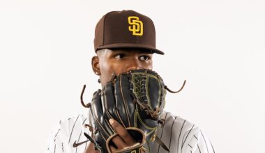Feb 19, 2025; Peoria, AZ, USA; San Diego Padres pitcher Francis Pena poses for a portrait during Media Day at Peoria Sports Complex. Mandatory Credit: Mark J. Rebilas-Imagn Images