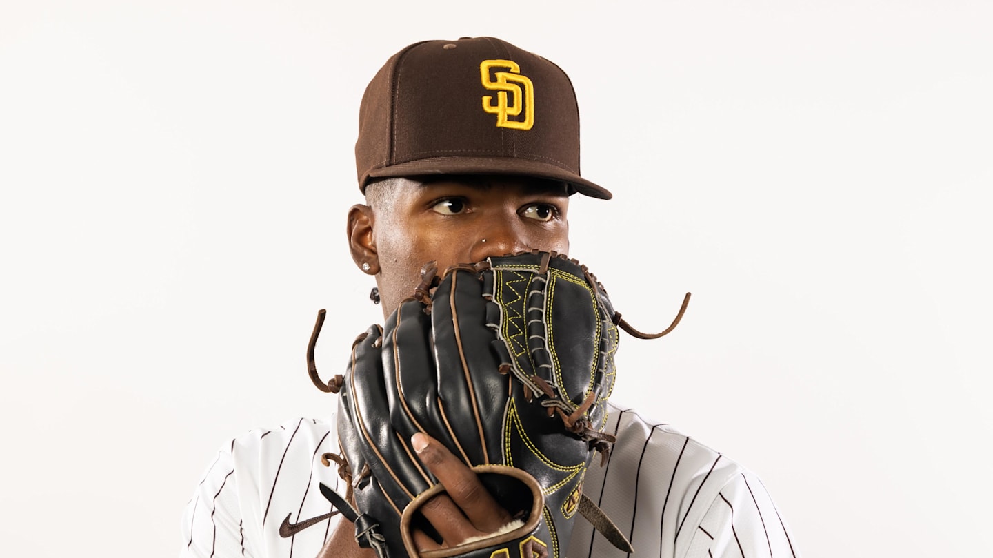 Feb 19, 2025; Peoria, AZ, USA; San Diego Padres pitcher Francis Pena poses for a portrait during Media Day at Peoria Sports Complex. Mandatory Credit: Mark J. Rebilas-Imagn Images