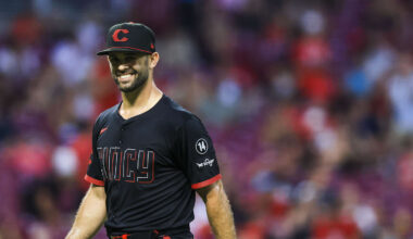 Jun 27, 2025; Cincinnati, Ohio, USA; Cincinnati Reds starting pitcher Nick Martinez (28) walks off the field at the end of the sixth inning in the game against the San Diego Padres at Great American Ball Park. Mandatory Credit: Katie Stratman-Imagn Images