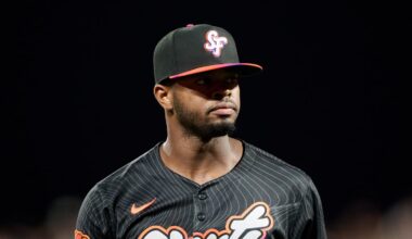 Sep 9, 2025; San Francisco, California, USA; San Francisco Giants pitcher Joel Peguero (63) walks to the dugout against the Arizona Diamondbacks after the last out of the sixth inning at Oracle Park. Mandatory Credit: Robert Edwards-Imagn Images