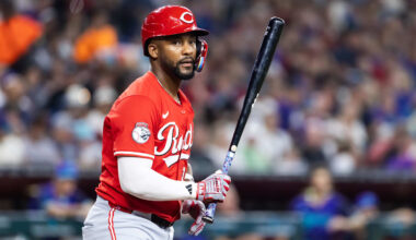 Aug 24, 2025; Phoenix, Arizona, USA; Cincinnati Reds outfielder Miguel Andujar against the Arizona Diamondbacks at Chase Field. Mandatory Credit: Mark J. Rebilas-Imagn Images