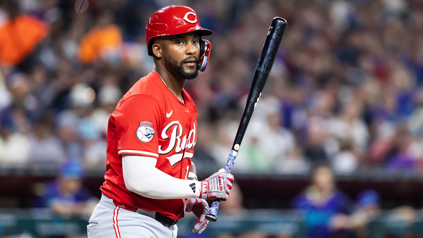 Aug 24, 2025; Phoenix, Arizona, USA; Cincinnati Reds outfielder Miguel Andujar against the Arizona Diamondbacks at Chase Field. Mandatory Credit: Mark J. Rebilas-Imagn Images