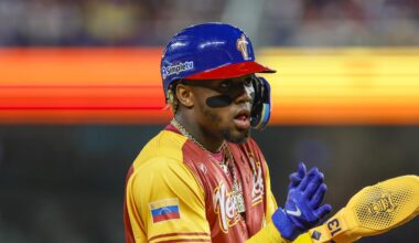Mar 12, 2023; Miami, Florida, USA; Venezuela center fielder Ronald Acuna Jr. (42) reacts from third base during the first inning against Puerto Rico at LoanDepot Park. Mandatory Credit: Sam Navarro-Imagn Images