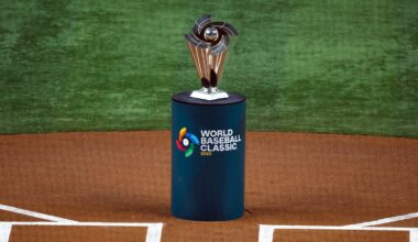 Mar 21, 2023; Miami, Florida, USA; The World Baseball Classic trophy waits to be presented after Japan defeated the USA in the World Baseball Classic at LoanDepot Park. Mandatory Credit: Rhona Wise-Imagn Images
