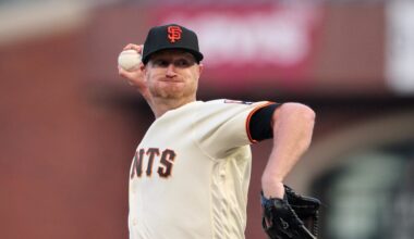 Sep 11, 2023; San Francisco, California, USA; San Francisco Giants starting pitcher Alex Cobb (38) throws a pitch against the Cleveland Guardians during the first inning at Oracle Park. Mandatory Credit: Robert Edwards-Imagn Images