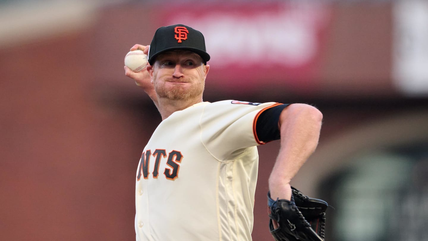 Sep 11, 2023; San Francisco, California, USA; San Francisco Giants starting pitcher Alex Cobb (38) throws a pitch against the Cleveland Guardians during the first inning at Oracle Park. Mandatory Credit: Robert Edwards-Imagn Images