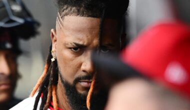 Jul 6, 2025: Cleveland Guardians relief pitcher Emmanuel Clase (48) reacts in the dugout after blowing a save during the ninth inning against the Detroit Tigers at Progressive Field.