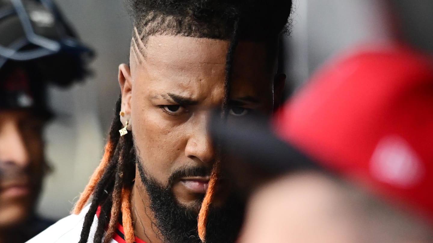 Jul 6, 2025: Cleveland Guardians relief pitcher Emmanuel Clase (48) reacts in the dugout after blowing a save during the ninth inning against the Detroit Tigers at Progressive Field.