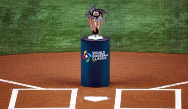 Mar 21, 2023; Miami, Florida, USA; The World Baseball Classic trophy waits to be presented after Japan defeated the USA in the World Baseball Classic at LoanDepot Park. Mandatory Credit: Rhona Wise-Imagn Images