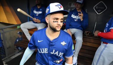 Oct 27, 2025; Los Angeles, California, USA; Toronto Blue Jays second baseman Bo Bichette (11) looks on before game three of the 2025 MLB World Series against the Los Angeles Dodgers at Dodger Stadium. Mandatory Credit: Jayne Kamin-Oncea-Imagn Images