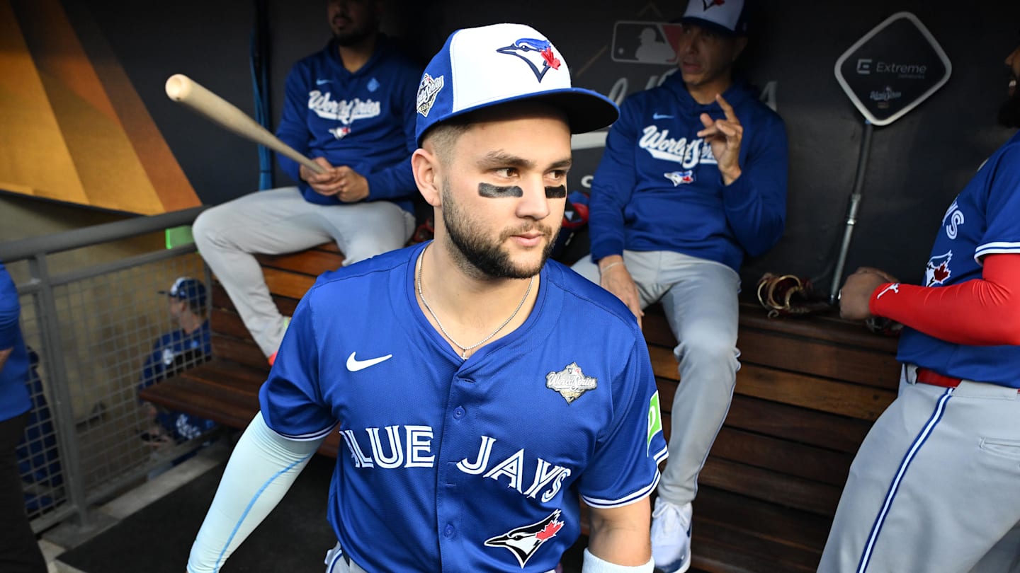 Oct 27, 2025; Los Angeles, California, USA; Toronto Blue Jays second baseman Bo Bichette (11) looks on before game three of the 2025 MLB World Series against the Los Angeles Dodgers at Dodger Stadium. Mandatory Credit: Jayne Kamin-Oncea-Imagn Images