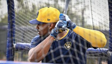 Milwaukee Brewers first baseman Ernesto Martinez Jr. takes batting practice during spring training workouts Monday, February 17, 2025, at American Family Fields of Phoenix in Phoenix, Arizona.