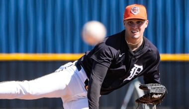 Detroit Tigers pitcher Ty Madden throws at batting practice during spring training at TigerTown in Lakeland, Fla. on Friday, Feb. 21, 2025.