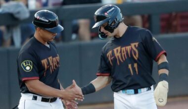 Wisconsin Timber Rattlers' manager Victor Estevez (7) congratulates Andrew Fischer (11) getting to third base during their baseball game against the Quad Cities River Bandits Wednesday, August 27, 2025, at Neuroscience Group Field at Fox Cities Stadium in Grand Chute, Wisconsin. Quad City won 9-5.