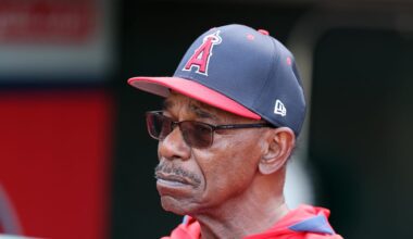 Jun 21, 2025; Anaheim, California, USA; Los Angeles Angels manager Ron Washington (37) watches batting practice from a dugout before the game against the Houston Astros at Angel Stadium. Washington is stepping indefinitely away from the team due to health reasons. Mandatory Credit: Kiyoshi Mio-Imagn Images