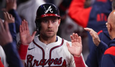 Apr 8, 2025; Atlanta, Georgia, USA; Atlanta Braves left fielder Jarred Kelenic (24) celebrates with teammates after scoring a run against the Philadelphia Phillies in the sixth inning at Truist Park. Mandatory Credit: Brett Davis-Imagn Images