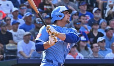 Jul 12, 2025; Kansas City, Missouri, USA;  Kansas City Royals right fielder Jac Caglianone (14) at  bat in the seventh inning against the New York Mets  at Kauffman Stadium. Mandatory Credit: Peter Aiken-Imagn Images