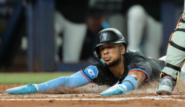 Sep 5, 2025; Miami, Florida, USA; Miami Marlins center fielder Victor Mesa Jr. (10) scores against the Philadelphia Phillies during the third inning at loanDepot Park. Mandatory Credit: Sam Navarro-Imagn Images